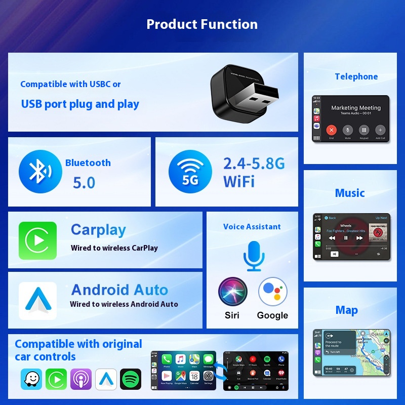 Wireless Carplay Box Lying Plug Android Auto Car-mounted Adaptor
