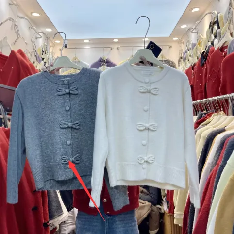 Red Cardigan Round Neck Bandage Dress Sweater Women's Top - Gray