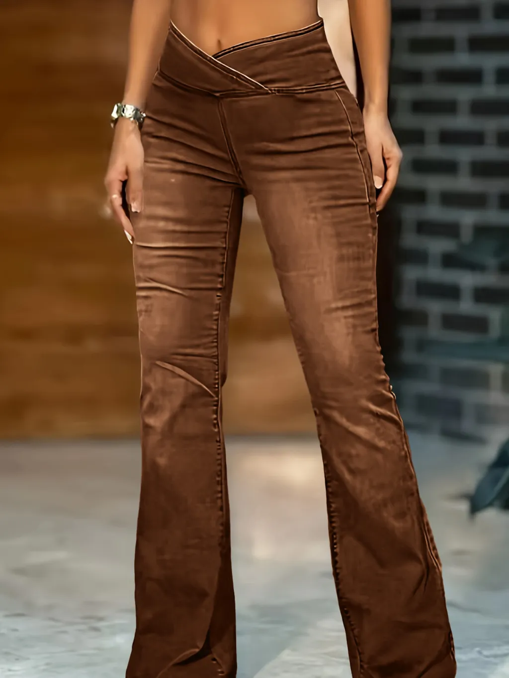 High Imitation Denim Bell-bottom Pants Cross-border Hip Lifting European And American Women Bell-bottom Pants - Brown