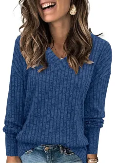 Top V-neck Long Sleeve Sunken Stripe Brushed T-shirt - Dark Blue - View 1