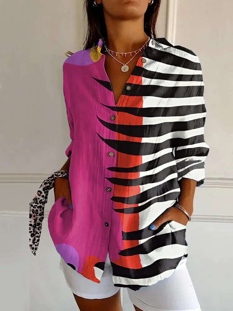 Floral Print Long-sleeved Shirt Women's Casual Button Tops Clothing - Bsm1
