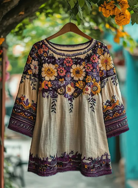 Women's Bohemian Vacation Floral Round Neck T shirt Purple - Shop at LoveMi