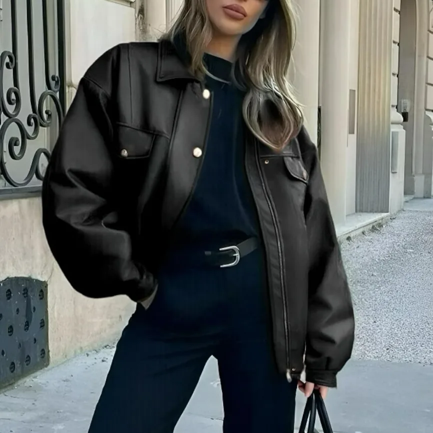 Women's Leather Jacket Loose Long Sleeve Lapel Motorcycle