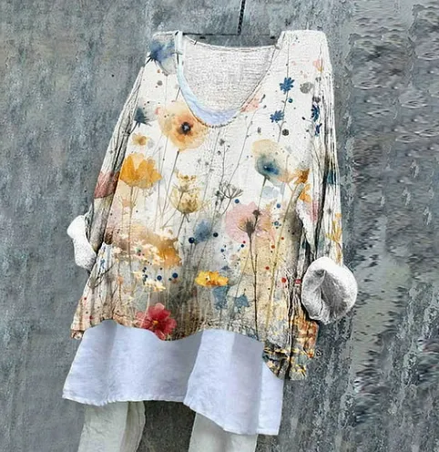 Women's Watercolor Floral Print Linen V neck Long Sleeve Shirt Floral - Shop at LoveMi