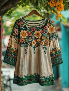 Women's Bohemian Vacation Floral Round Neck T-shirt - Green - View 1