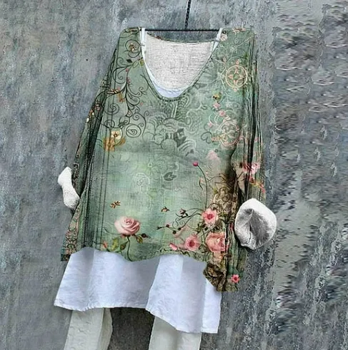 Women's Green Flower & Pattern Print Linen V neck Long Sleeve Shirt Green - Shop at LoveMi
