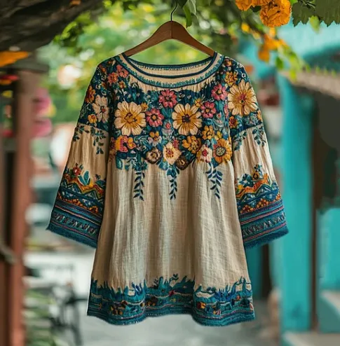 Women's Bohemian Vacation Floral Round Neck T shirt Khaki - Shop at LoveMi