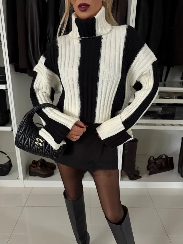 Women's Patchwork Turtleneck Long sleeved Sweater Black - Shop at LoveMi