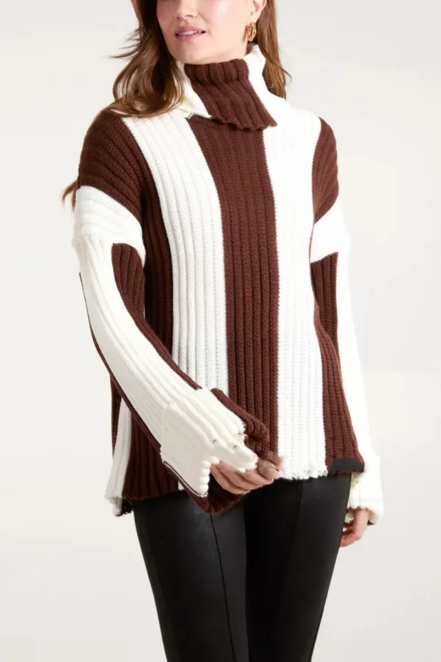 Women's Patchwork Turtleneck Long sleeved Sweater Brown - Shop at LoveMi