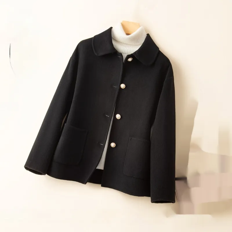 Double-sided Cashmere Short Doll Collar Classic Style Woolen Coat - Black