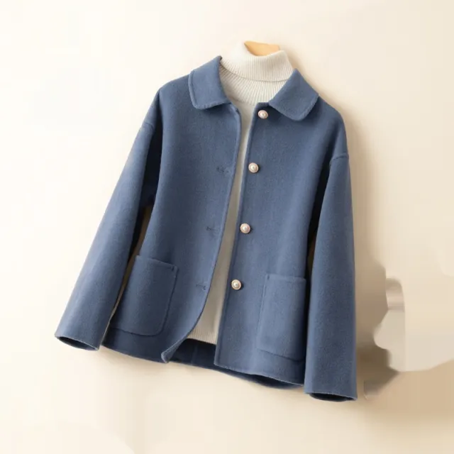 Double sided Cashmere Short Doll Collar Classic Style Woolen Coat Blue - Shop at LoveMi