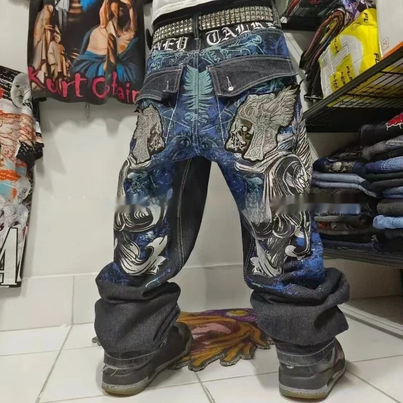 American Retro Washed Loose Straight-leg Denim Trousers