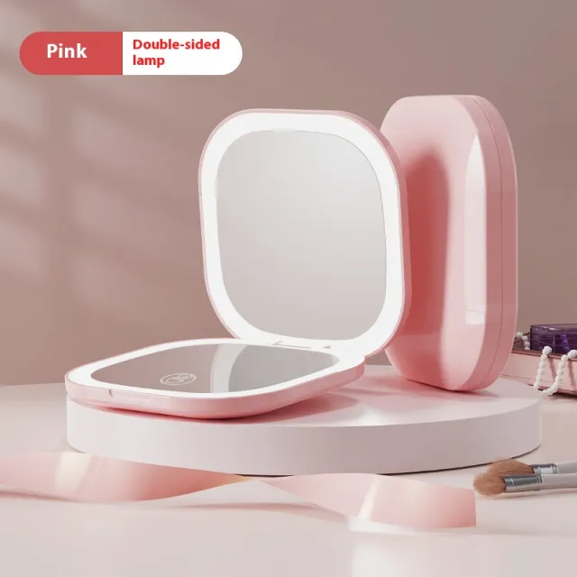 Portable Portable Folding Led Make up Mirror With Light Pink 3 Times Double Lamp - Shop at LoveMi