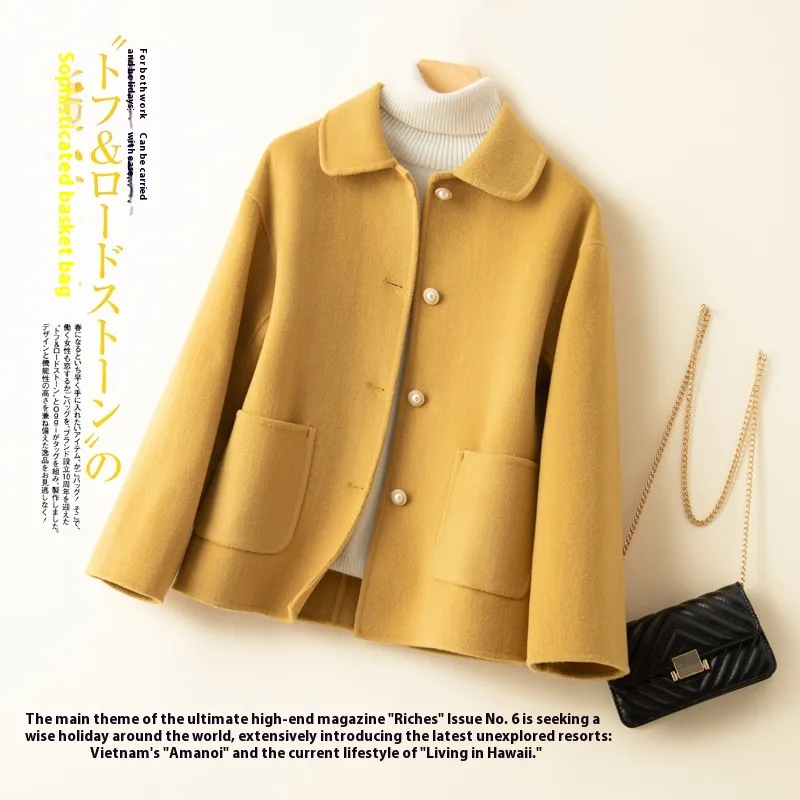 Double-sided Cashmere Short Doll Collar Classic Style Woolen Coat - Ginger Yellow