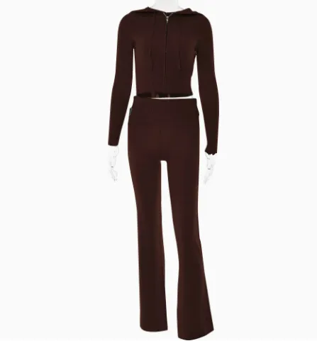 Style Cross border Knitted Hooded Suits Fashion Sexy High Waist Long Sleeves Trousers Two piece Set Coffee - Shop at LoveMi