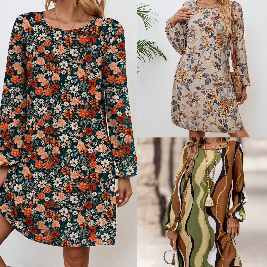 Women's European And American Printed Long Sleeve Short Dress
