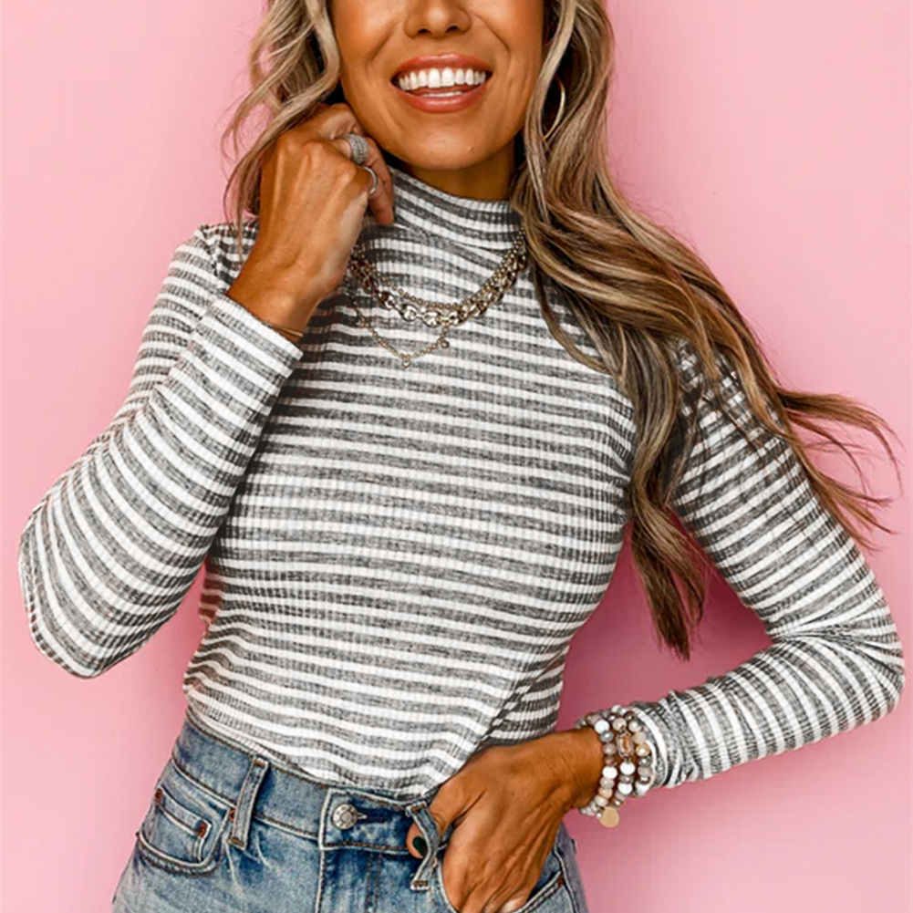 Women's Casual Round Neck Striped Knitted Bottoming Shirt