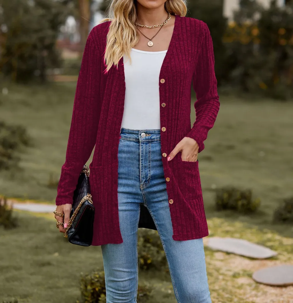 Fall Women's Clothing Sunken Stripe Solid Color Long Sleeve Women's Sweater - Wine Red A