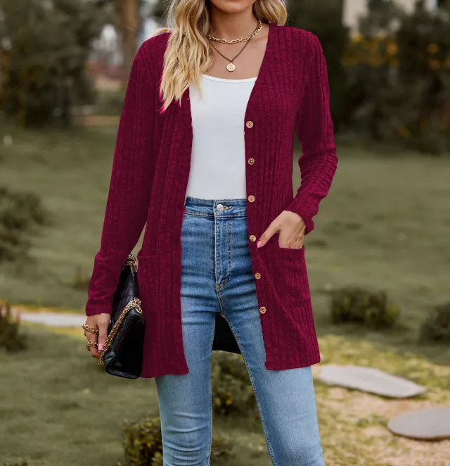 Fall Women's Clothing Sunken Stripe Solid Color Long Sleeve Women's Sweater Wine Red A - Shop at LoveMi