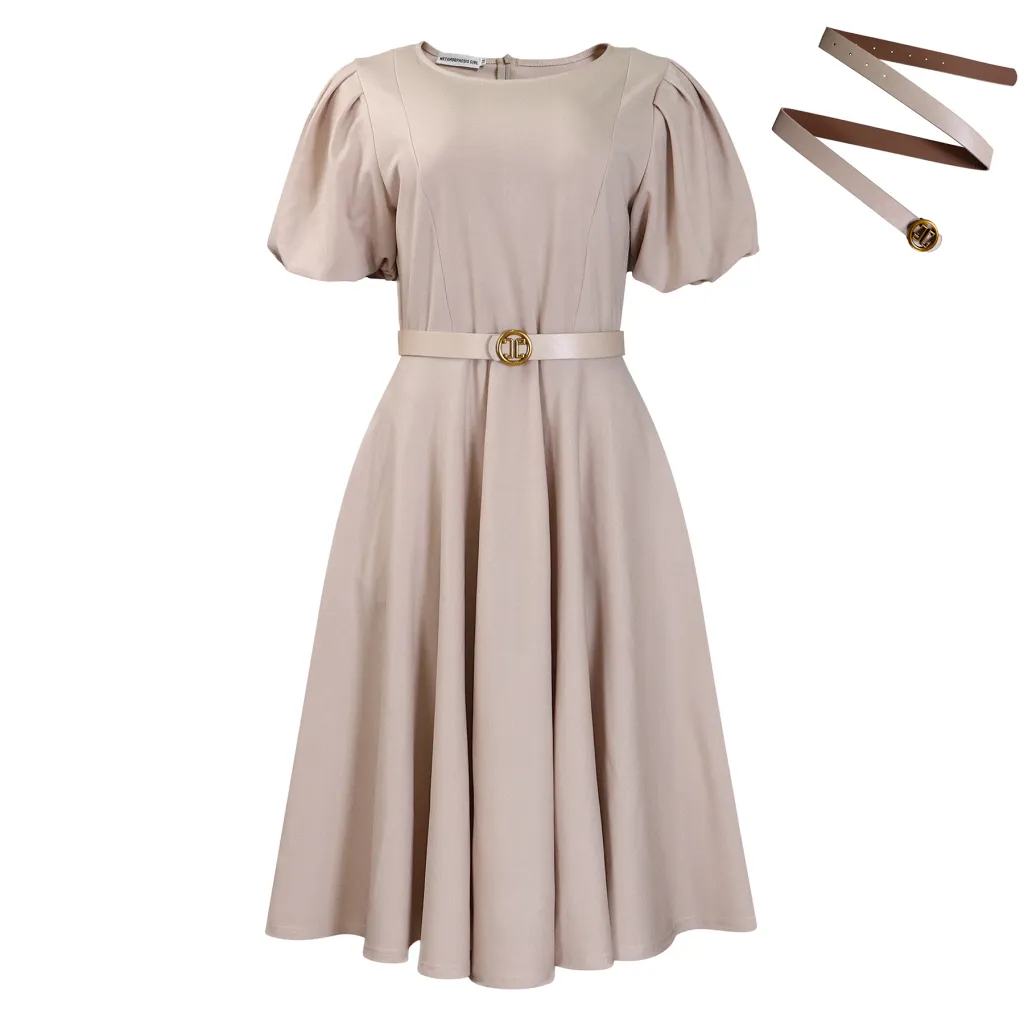 Elegant Waist-controlled Large Hem Puff Sleeve African Dress - Apricot - View 1