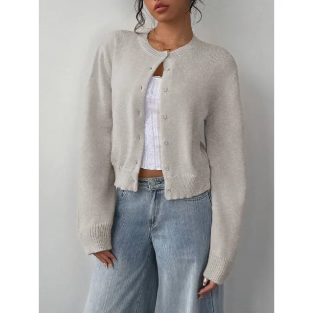 Chic Long Sleeved Knitted Cardigan Fashion Slim Solid Color Short Sweater For Women Clothing Grey - Shop at LoveMi