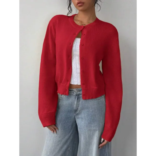 Chic Long Sleeved Knitted Cardigan Fashion Slim Solid Color Short Sweater For Women Clothing Red - Shop at LoveMi