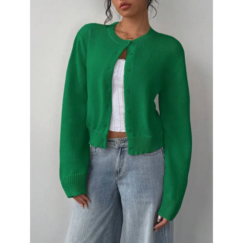Chic Long Sleeved Knitted Cardigan Fashion Slim Solid Color Short Sweater For Women Clothing - Green