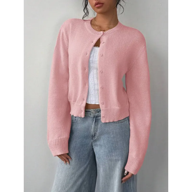 Chic Long Sleeved Knitted Cardigan Fashion Slim Solid Color Short Sweater For Women Clothing - Pink