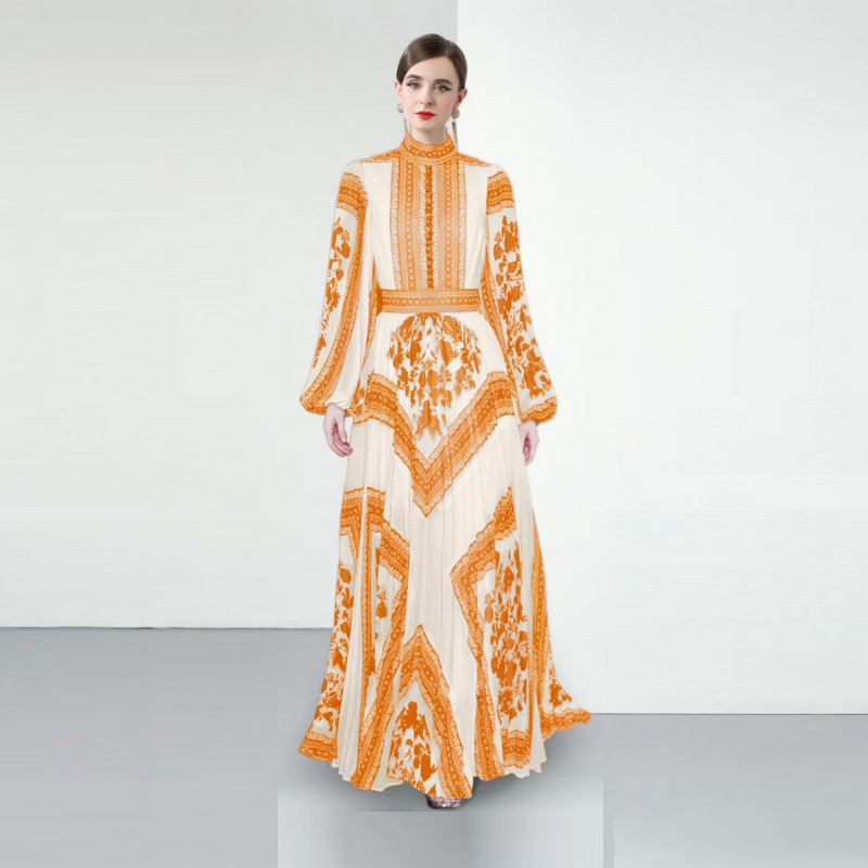 European And American Elegant Stand-up Collar Puff Sleeve Positioning Printed Waist-controlled Pleated Puffy Long Dress