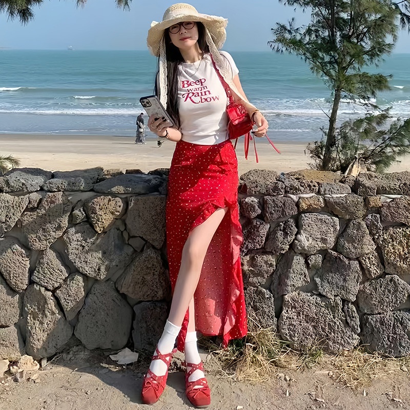 Girl Floral Sheath High Slit Long Skirt