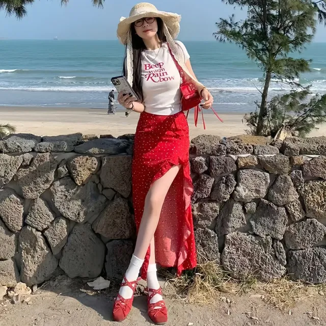 Girl Floral Sheath High Slit Long Skirt Red - Shop at LoveMi