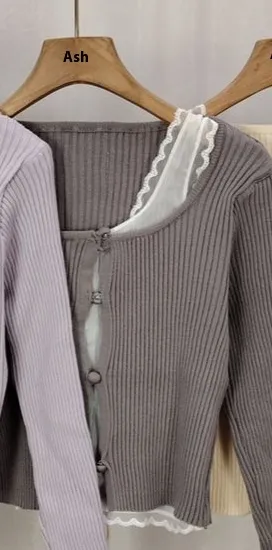 Lace Edge Niche Square Collar Collarbone Slimming Top - Gray