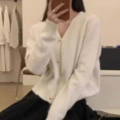 Women's Solid Colour Gold Buckle Soft Glutinous Sweater Coat - Milky White - View 1