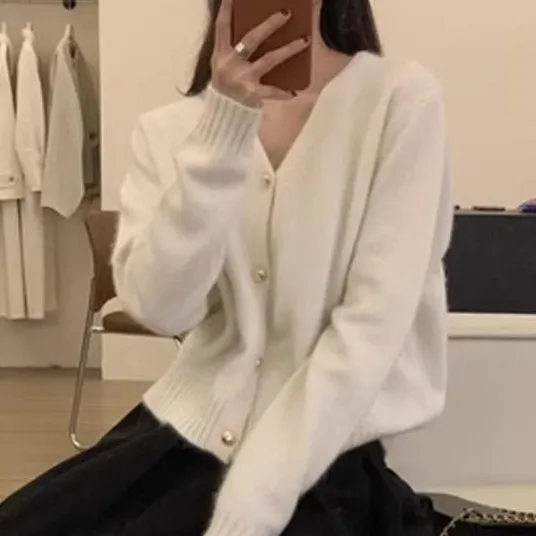 Women's Solid Color Gold Buckle Soft Glutinous Sweater Coat Milky White - Shop at LoveMi