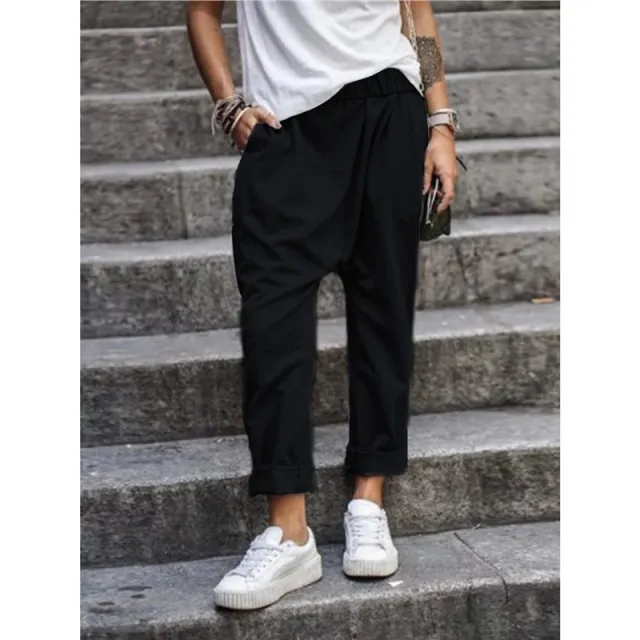 Women's Casual Pants With Pockets Elastic High Waist Harem Trousers Fashion Streetwear Clothing Black - Shop at LoveMi