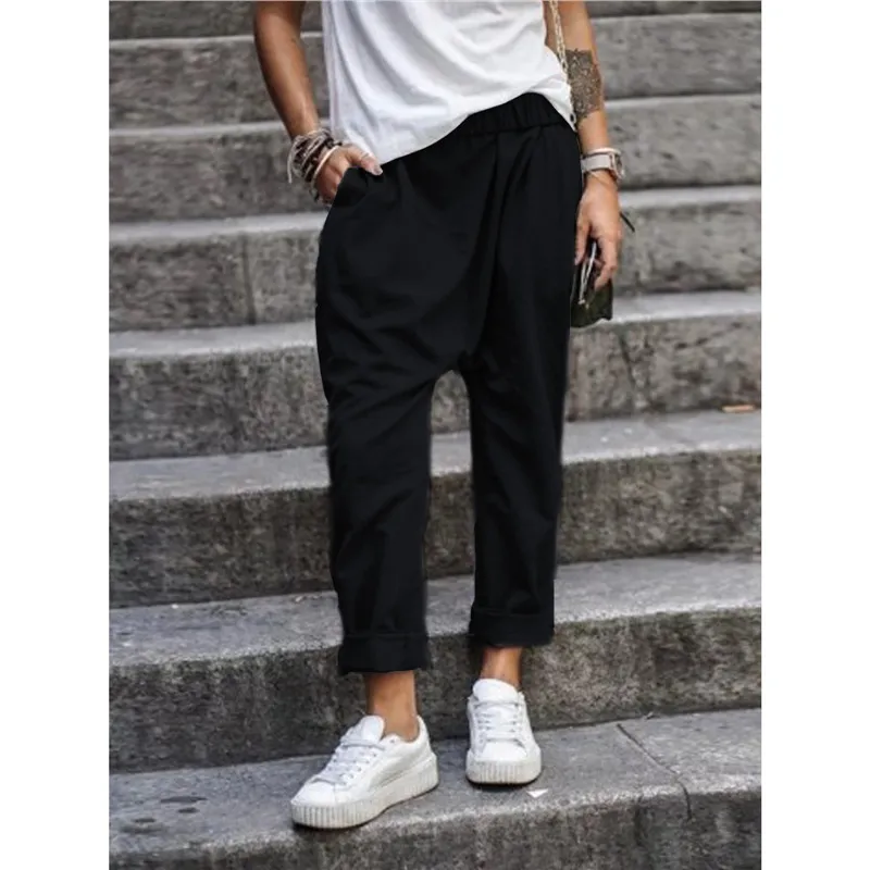 Women's Casual Pants With Pockets Elastic High Waist Harem Trousers Fashion Streetwear Clothing - Black