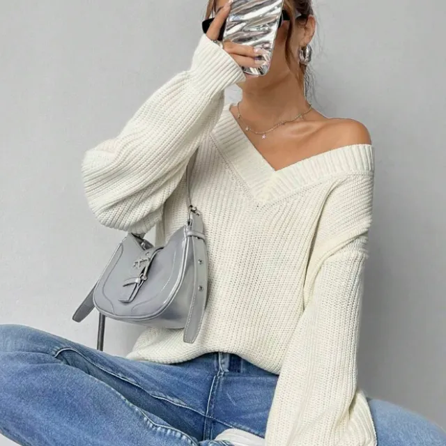 Fashion Casual Women's Loose V neck Sweater White - Shop at LoveMi