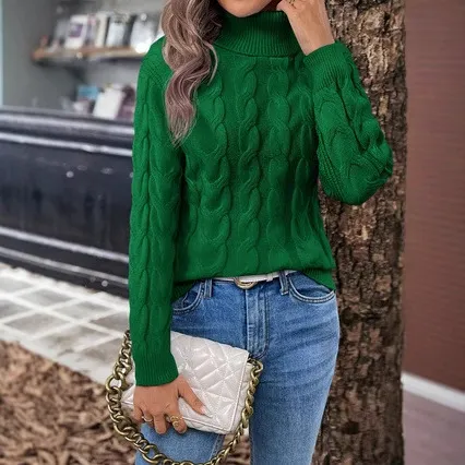 Women's Cable knit Turtleneck Sweater Green - Shop at LoveMi