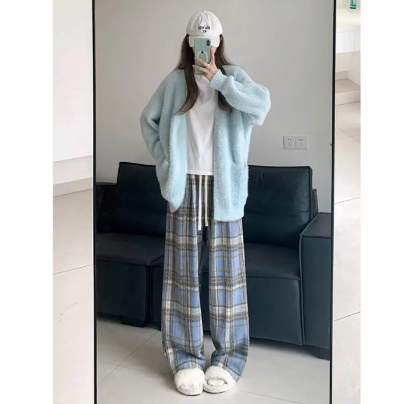 Plaid High Waist Drooping Baggy Pants - Gray Blue Checkered Standard