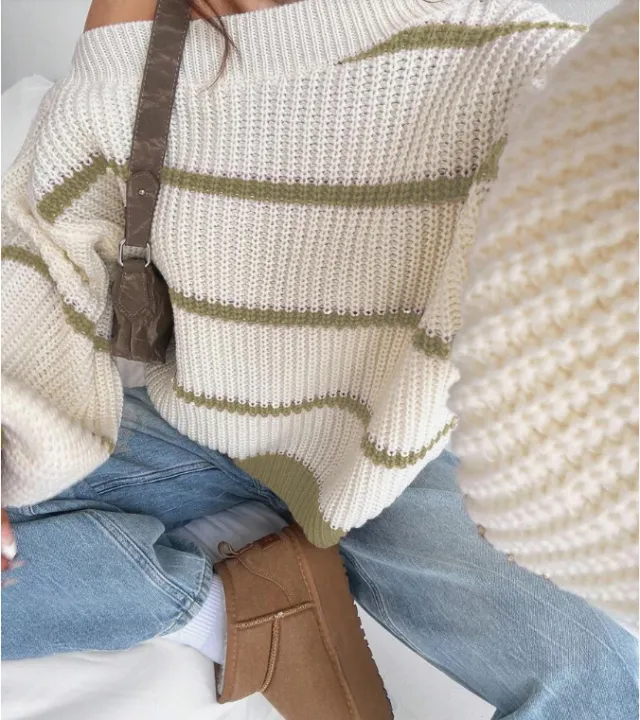 Sexy Off the shoulder Loose Striped Women's Sweater Multicolor - Shop at LoveMi