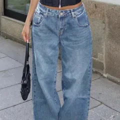 Street Style Loose Distressed Retro Washed Wide Leg Jeans - Retro Blue - View 1