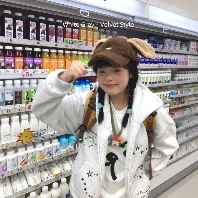 Japanese Cute Cat Light Gray Cardigan Sweater Women's Hooded White Gray With Velvet - Shop at LoveMi