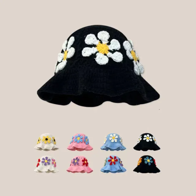 Women's Retro Versatile Handmade Yarn Flower Knitted Hat And Cap Black And White Flowers - Shop at LoveMi