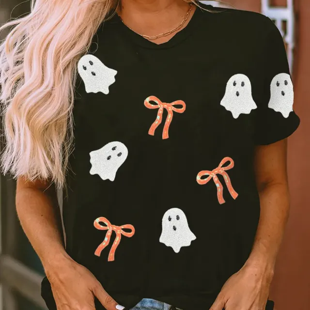 Black Sequin Bow Ghost Patched Halloween Graphic Tee Black - Shop at LoveMi