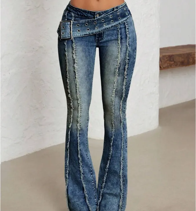 Women's Fashionable Low Waist Flared Jeans - Red