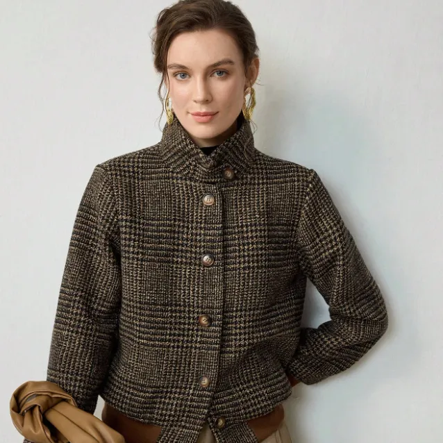 Woven Lapel Plaid Elegant Long Sleeve Casual Slim Jacket Brown - Shop at LoveMi