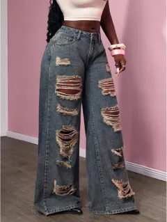 Women's Retro Distressed Kimchi Wide-leg Jeans - Blue - View 1