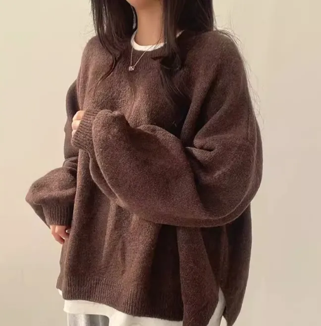 Temperament Crew Neck Pullover Lantern Sleeve Loose Sweater For Women - Dark Brown