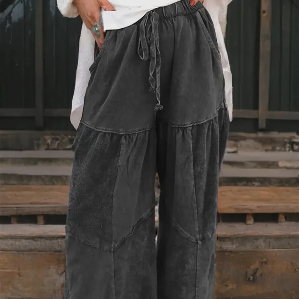 Black Mineral Wash Tiered Wide Leg Patchwork Drawstring Pants - Black