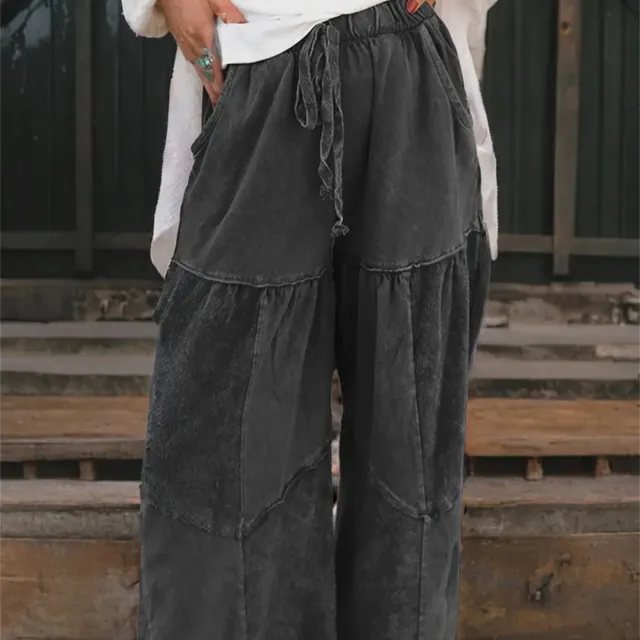 Black Mineral Wash Tiered Wide Leg Patchwork Drawstring Pants Black - Shop at LoveMi